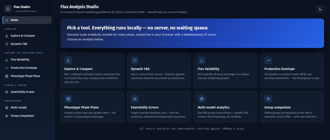 The Flux Analysis Studio tool gallery: Explore and Compare, Dynamic FBA, Flux Variability, Production Envelope, Phenotype Phase Plane, Essentiality Screen, Multi-model analytics, and Group comparison.
